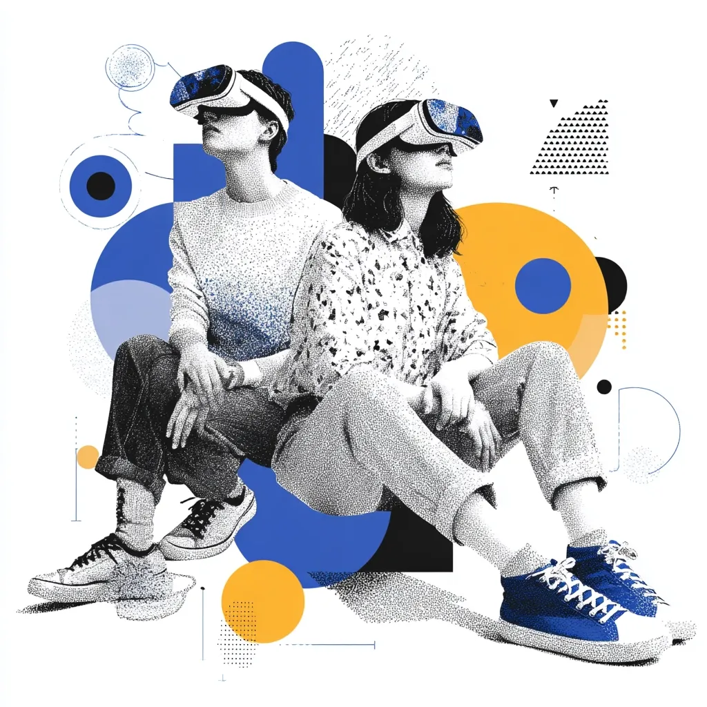 A stylized illustration depicts a young couple sitting side-by-side, engrossed in virtual reality headsets.  Their attire is rendered in a pointillist style, contrasting with bold geometric shapes in blue and yellow. The scene evokes a modern, tech-savvy aesthetic, emphasizing the immersive experience of VR technology and its potential for shared experiences.  The background features abstract design elements.