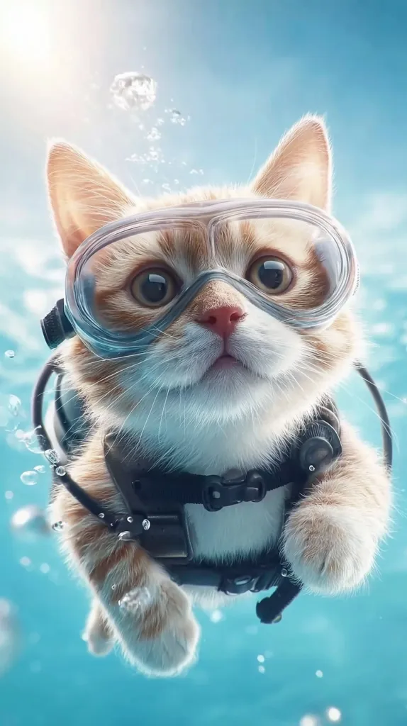 An adorable ginger kitten, wearing scuba gear, swims underwater.  Bubbles rise around it as it gazes directly at the viewer with wide, curious eyes.  The kitten's paws are visible, and its small body is encased in a miniature diving suit. The scene is bright and cheerful, suggesting a fun and playful underwater adventure.