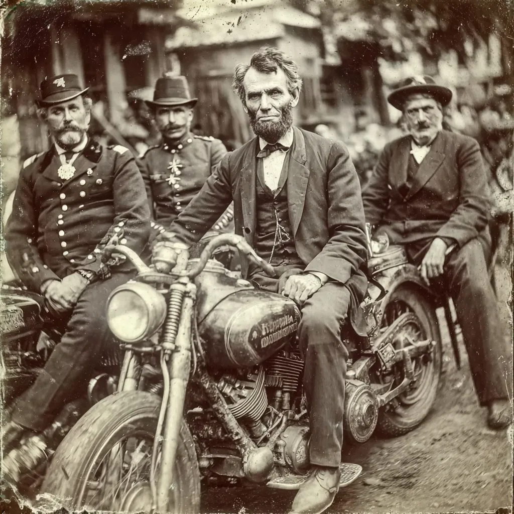 A sepia-toned photo depicts Abraham Lincoln seated on a vintage motorcycle, flanked by two uniformed men and another man in civilian attire.  Lincoln, in his characteristic attire, appears serious.  The motorcycle is large and detailed, suggesting a period piece. The background is blurred, showing a street scene with indistinct figures. The overall effect is a striking anachronism, juxtaposing Lincoln with a modern invention.