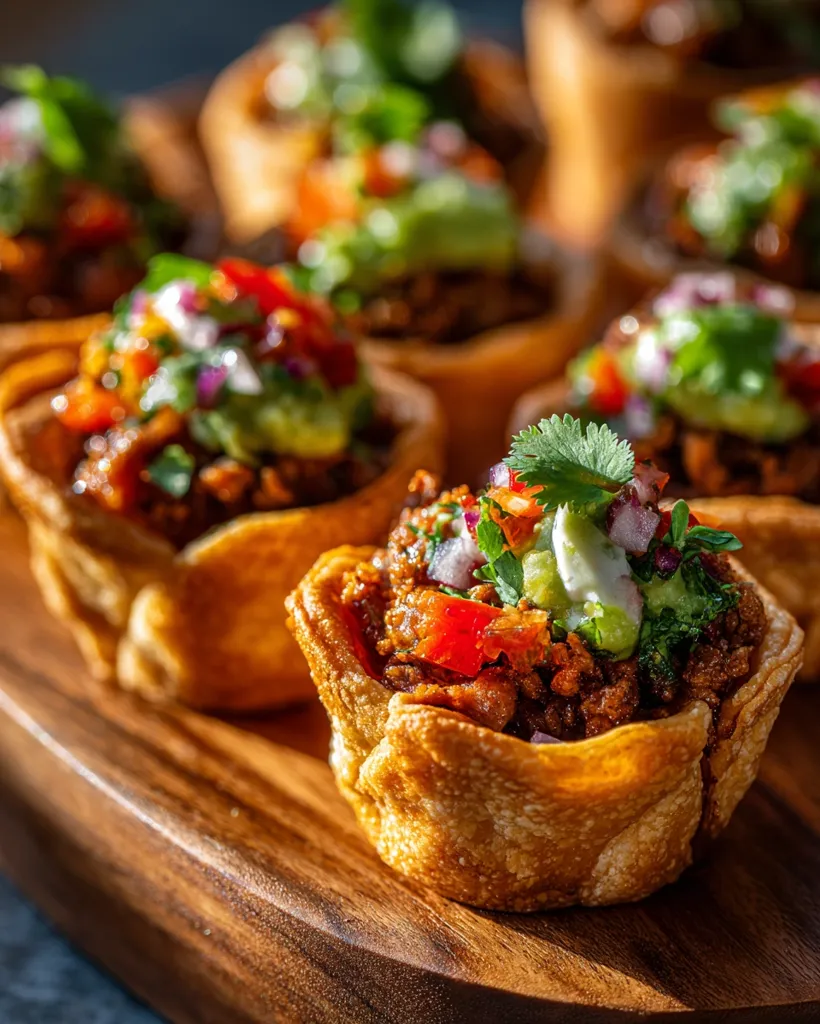 A close-up shot showcases several mini taco cups arranged on a wooden board.  Each cup is filled with seasoned ground meat, topped with a vibrant mix of diced tomatoes, red onions, guacamole, and fresh cilantro.  The pastry cups are golden brown and crispy, creating a visually appealing and delicious-looking appetizer.  The lighting highlights the texture and colors of the food.