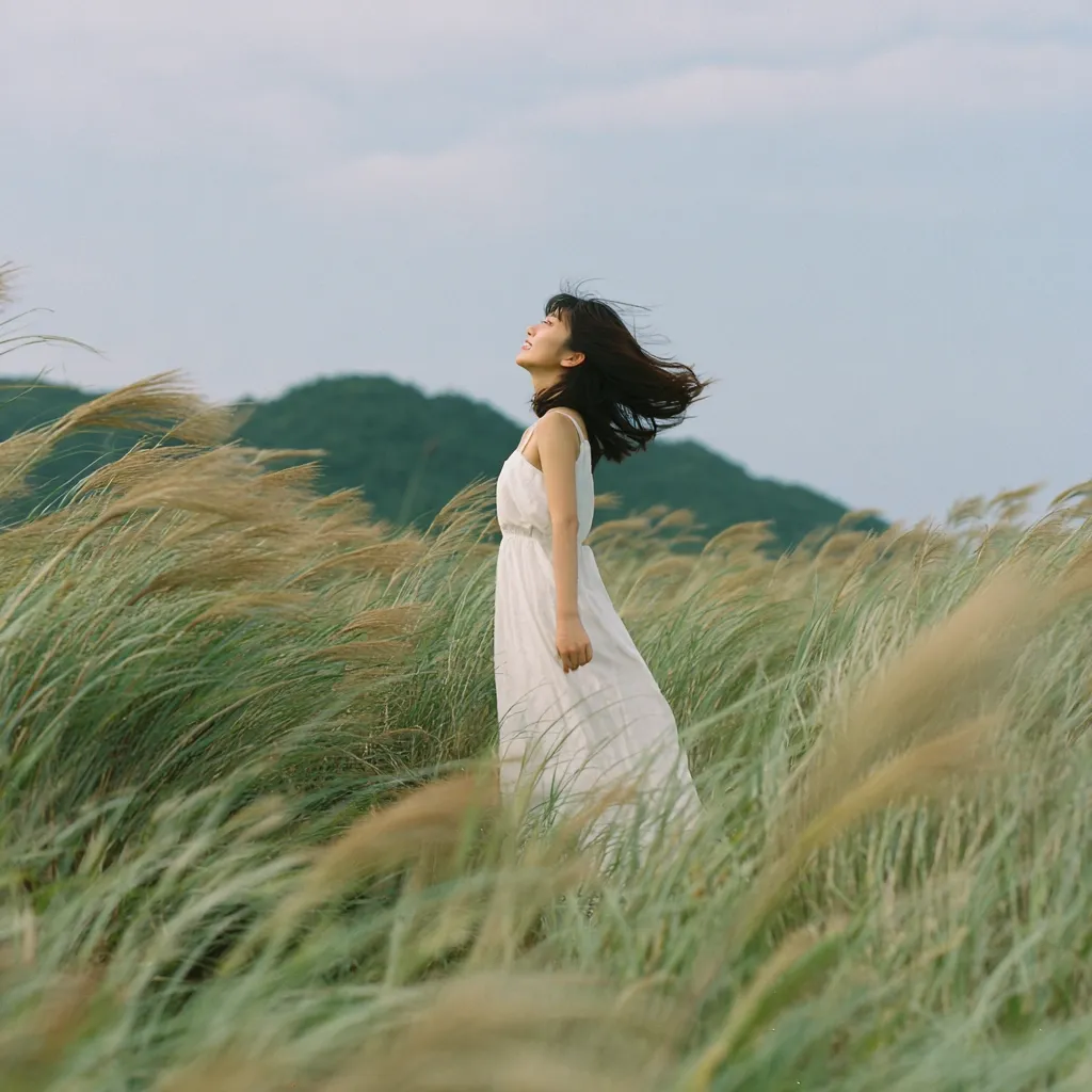 A young woman in a flowing white dress stands in a field of tall, swaying grass. Her hair is blowing in the wind, and she is looking up at the sky with a joyful expression. The scene is peaceful and serene, conveying a sense of freedom and happiness.  The light is soft and natural, enhancing the tranquil atmosphere.