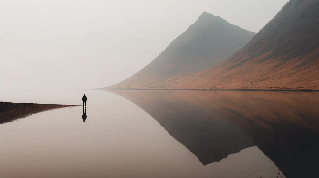 A solitary figure stands on a tranquil shoreline, the calm water reflecting a majestic mountain range.  The scene is shrouded in a soft mist, creating a serene and somewhat mysterious atmosphere. The mountain's slopes transition from dark grey peaks to warm, earthy browns at the base, mirrored perfectly in the still lake. The overall impression is one of peaceful isolation and the vastness of nature.