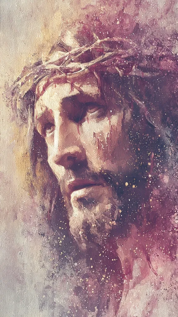 A stylized watercolor painting depicts Jesus Christ, his face bearing the marks of suffering.  A crown of thorns is visible, and blood streaks down his cheeks.  The overall style is expressive and textured, with a blend of muted purples, browns, and golds, creating a poignant and emotive portrait. The background is a mottled mix of colors, adding to the artistic effect.