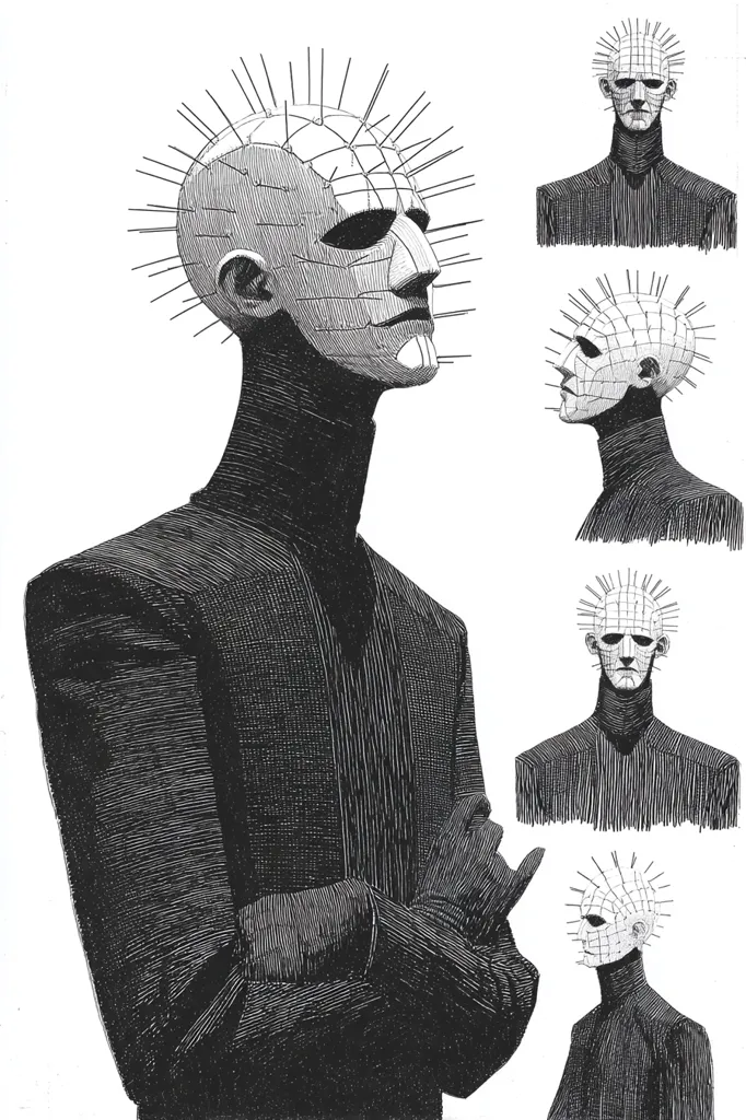 A black and white illustration depicts Pinhead, the iconic Hellraiser character.  The main image shows him from the chest up, arms crossed, in a dark suit.  Three smaller images surround him, showing different angles of his head and shoulders, emphasizing the detail of his pin-studded head.  The style is reminiscent of a detailed pen-and-ink drawing.