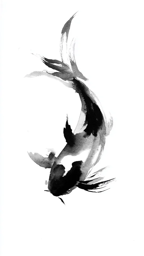An elegant monochrome ink painting depicts a koi fish swimming gracefully.  The artist uses expressive brushstrokes to capture the fish's fluid movement and the texture of water.  The black ink contrasts beautifully with the white background, creating a sense of serene simplicity. The composition is balanced and evocative, suggesting strength and tranquility.