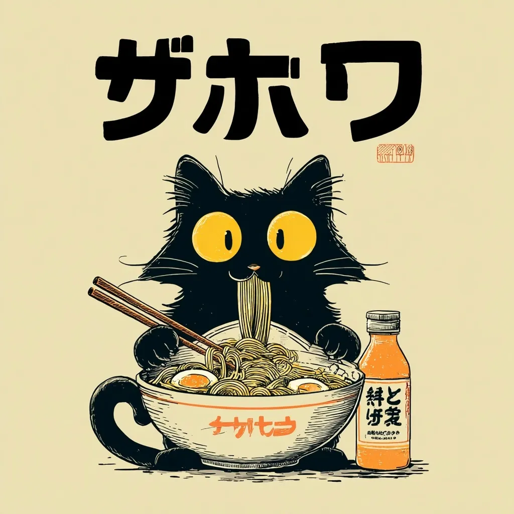 A cute black cat with large yellow eyes enjoys a bowl of ramen noodles.  It holds chopsticks, skillfully slurping the noodles.  A bottle of what appears to be a citrus-flavored drink sits beside the bowl. The Japanese word "ザボワ" is prominently displayed above the cat, possibly a playful name or phrase. The scene is rendered in a retro, stylized illustration.