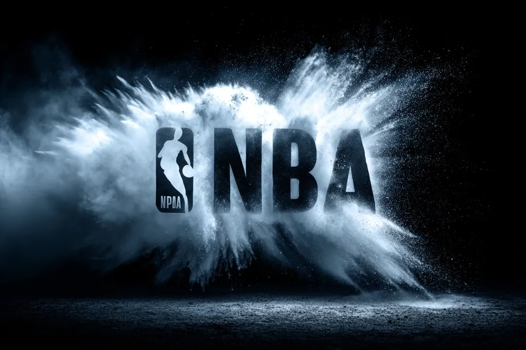 The NBA logo is prominently displayed in bold, black lettering against a backdrop of a dramatic, swirling cloud of white powder. The powder explodes outward, creating a sense of energy and motion. The overall effect is a powerful and dynamic visual representation of the NBA brand.  The dark background enhances the contrast and intensity of the image.