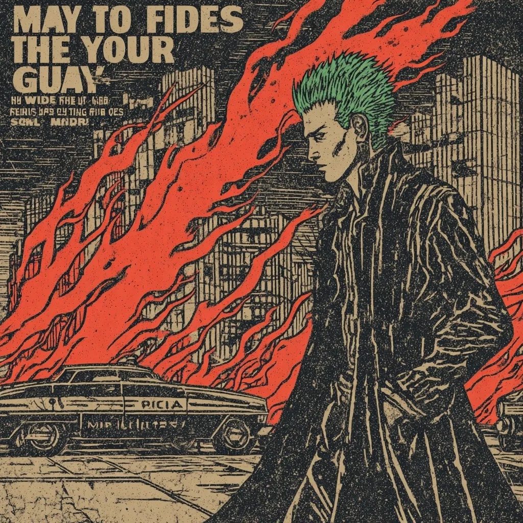 A stylized illustration depicts a figure with bright green spiky hair, clad in a long dark coat, standing amidst a city engulfed in flames.  The artwork is reminiscent of punk rock aesthetics and features a distressed, textured background.  A burning police car is visible in the foreground. The title "May to Fides The Your Guay" is prominently displayed.  The overall mood is intense and rebellious.