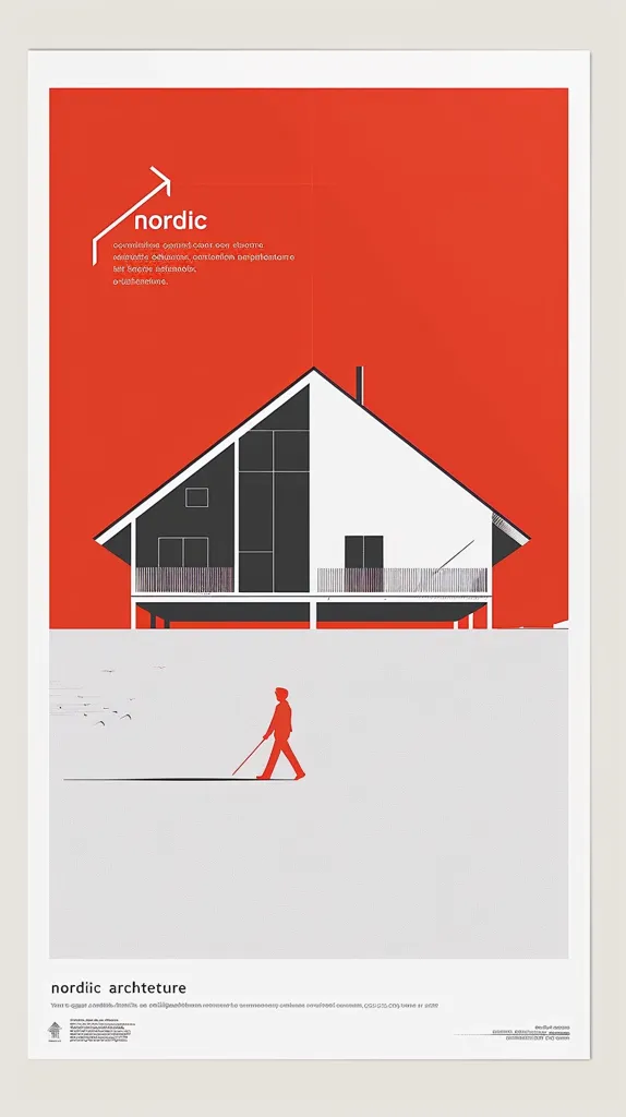 A minimalist poster advertises Nordic architecture.  A stark white and black modern house is depicted against a vibrant red background. A small red figure walks with a cane in the foreground, suggesting simplicity and accessibility.  The word "Nordic" is prominently displayed, followed by text emphasizing design principles like simplicity and functionality.  The poster's overall aesthetic is clean and sophisticated.
