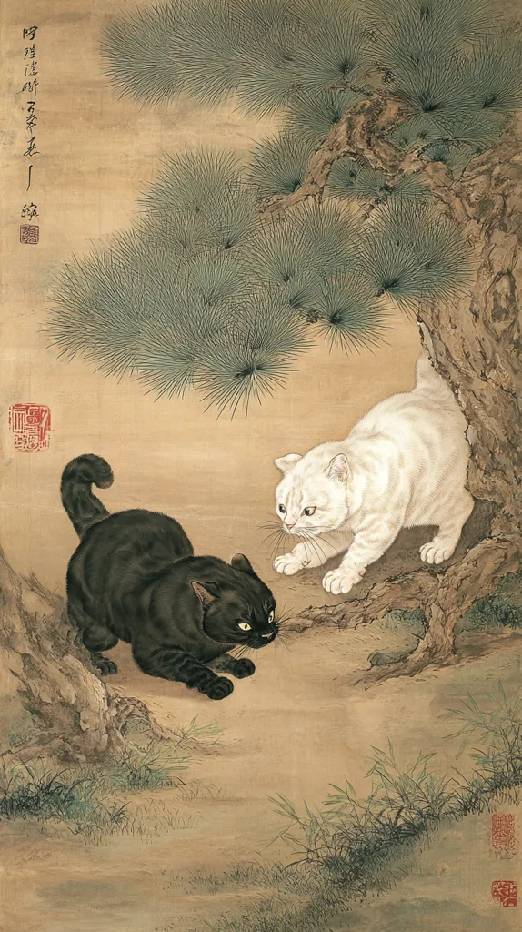 An exquisite Chinese painting depicts a black cat and a white cat under a sprawling pine tree.  The cats are rendered with meticulous detail, their fur textures vividly portrayed.  The style is traditional, utilizing soft brushstrokes and muted earth tones for the background.  The overall mood is serene, with the contrast between the cats creating a focal point within the tranquil setting.  Calligraphy is visible in the upper left corner, adding an element of classic East Asian art.