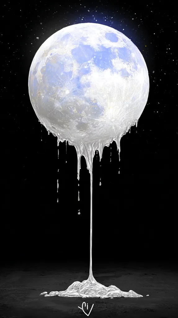 A full moon, rendered in shades of blue and white, appears to melt, dripping down into a puddle on a dark surface.  The silvery liquid stream contrasts sharply against the black background speckled with stars.  The image evokes a surreal and slightly melancholic feeling, suggesting a transformative or ephemeral state.