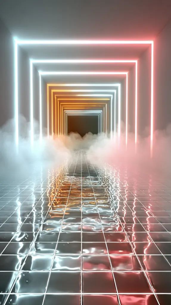 A reflective, tiled floor glows with neon light reflecting in vibrant hues of orange, pink, and blue.  A misty fog fills the space, obscuring the end of a hallway framed by nested neon squares. The scene is futuristic and atmospheric, creating a sense of depth and mystery. The colors are bright and contrasting, creating a striking visual effect.