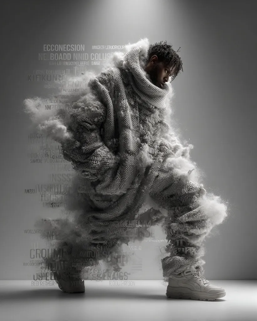 A monochromatic image shows a person wearing an oversized, textured, grey knit sweater and matching pants.  The figure is partially obscured by a cloud of grey dust or powder, from which words and phrases seem to emanate. The style is artistic and somewhat surreal, with the text adding a layer of mystery and intrigue to the overall composition. The model's posture suggests contemplation or introspection.
