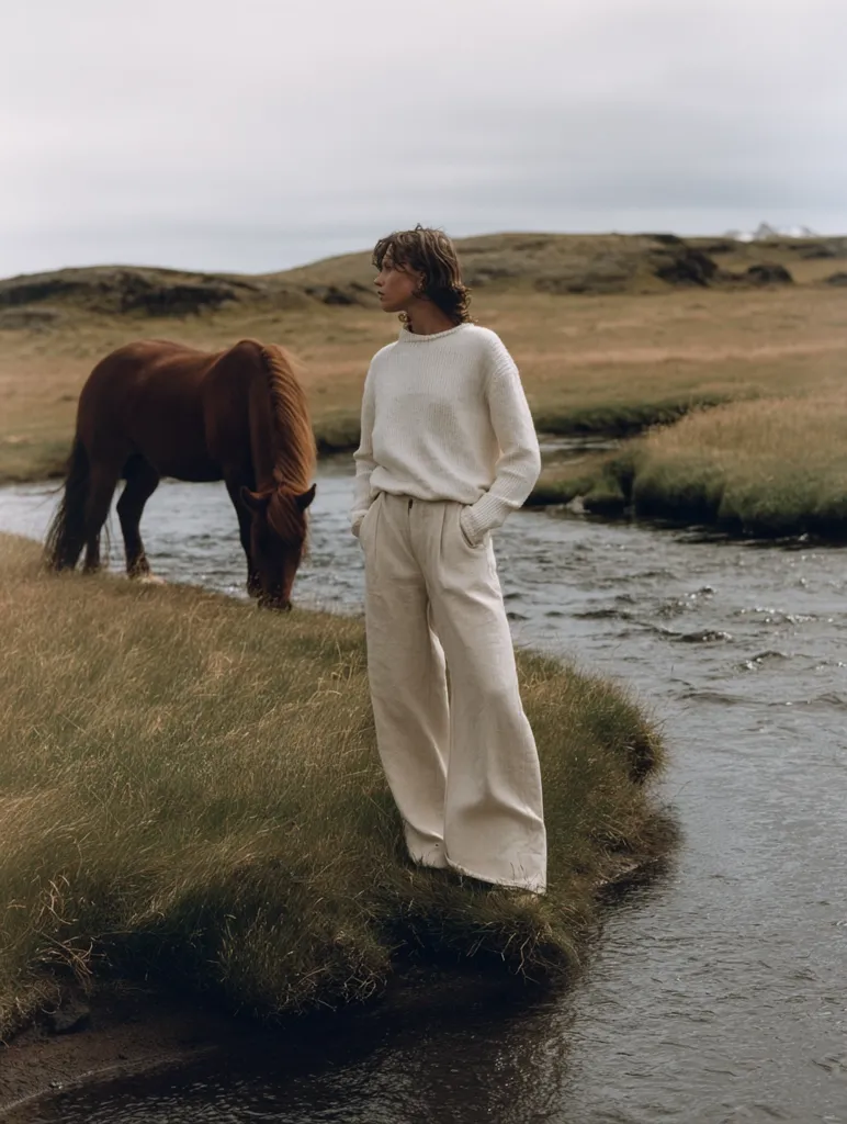 A woman in a cream-colored sweater and wide-leg trousers stands by a tranquil stream in a serene, natural landscape.  A brown horse grazes peacefully nearby. The muted tones of the clothing and the surrounding environment create a calm and minimalist aesthetic. The overall mood is one of quiet solitude and connection with nature.