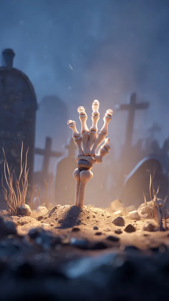 A skeletal hand emerges from a freshly turned grave in a dimly lit graveyard.  Tombstones and crosses stand silhouetted against a dusky sky.  A soft, ethereal glow emanates from the hand, creating a haunting and atmospheric scene evocative of Halloween or Day of the Dead. The overall mood is eerie yet captivating.