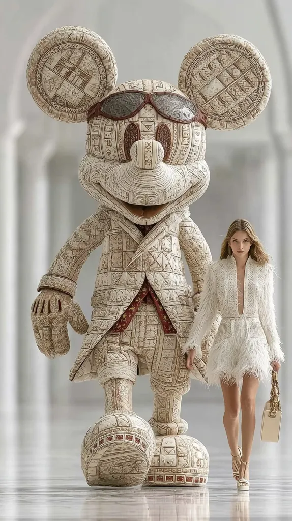 A large, intricately carved Mickey Mouse statue, adorned in a suit and sunglasses, stands beside a slender woman in a white feathered mini dress and heels.  The statue's surface is covered in detailed patterns resembling ancient script or hieroglyphs. The woman carries a light beige handbag, creating a striking contrast with the statue's monumental presence. The setting appears to be a polished, minimalist interior.