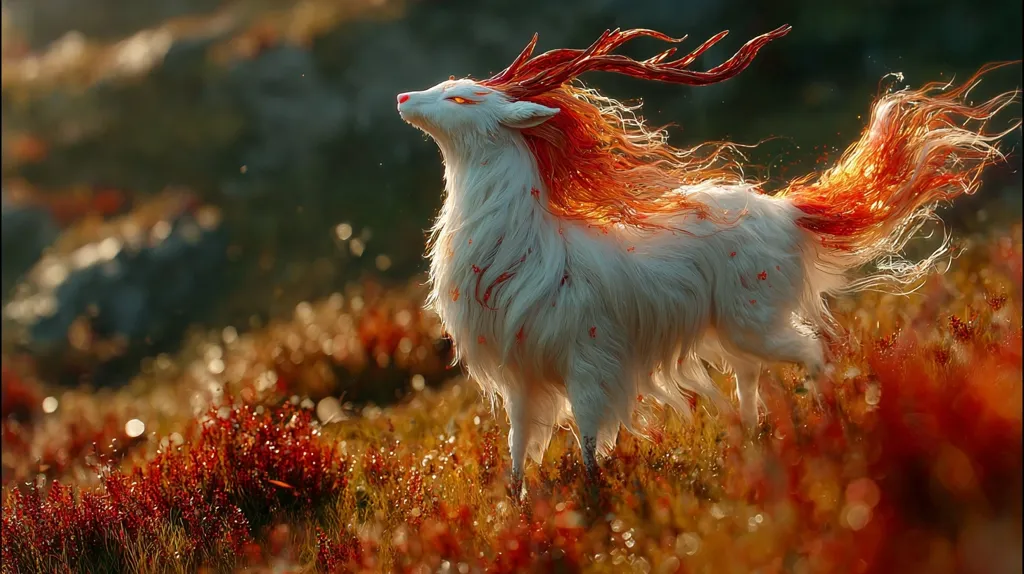 A fantastical creature, resembling a deer with flowing white fur and vibrant orange highlights, stands in a field of reddish-orange plants.  Its antlers are a dark, reddish-brown, and its expression is one of serene contemplation.  The image is bathed in a warm, golden light, creating a magical and ethereal atmosphere.  The creature's fur seems to shimmer, enhancing its otherworldly quality.