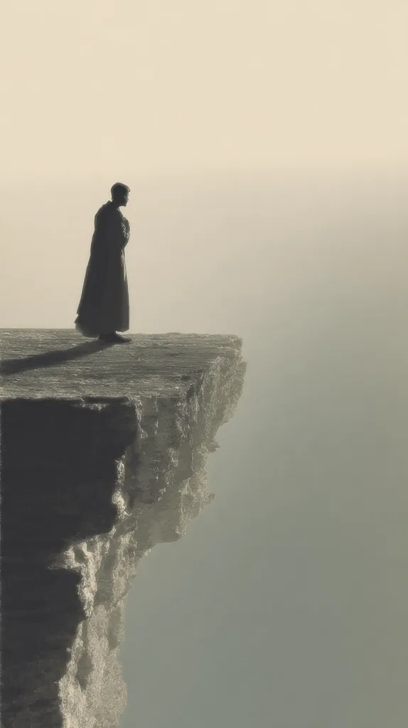 A solitary figure, cloaked and seemingly small, stands at the edge of a cliff overlooking a misty expanse. The cliff face is rugged and textured, contrasting with the smooth, pale sky. The overall tone is melancholic and contemplative, suggesting themes of isolation, contemplation, or perhaps a momentous decision. The image's muted palette enhances the sense of mystery and quietude.