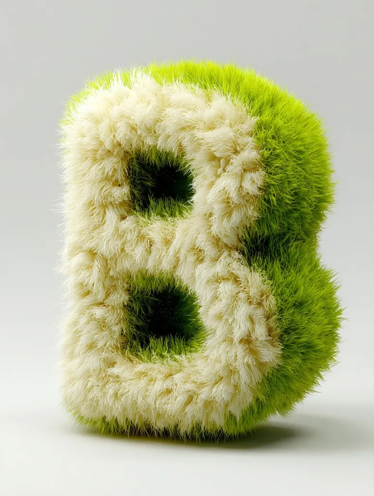 A fluffy, three-dimensional letter "B" is depicted.  The letter is rendered with a textured, grass-like appearance. The outer layer is primarily a vibrant green, while the inner portion of the letter's loops showcases a creamy, off-white fur-like texture, creating a striking contrast. The letter stands alone against a simple, light gray background.