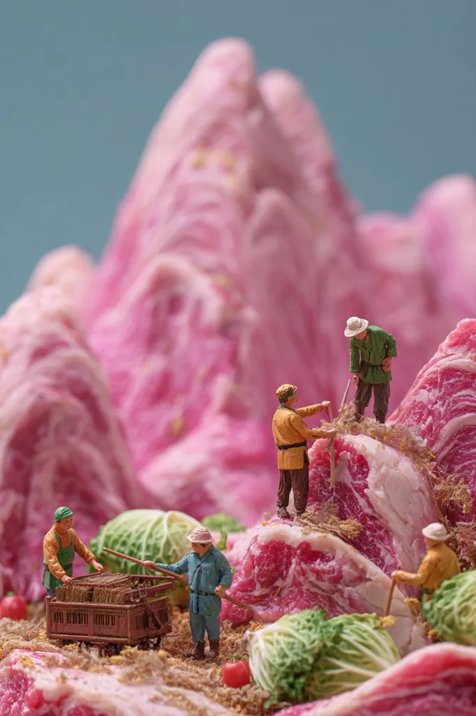 Miniature figures of farmers harvest atop a large, pink, marbled piece of meat, resembling a mountain.  Smaller piles of meat and cabbages surround the base. One farmer uses a cart, another works with a tool. The scene is whimsical and uses food as a landscape. The background is a blurry light teal.