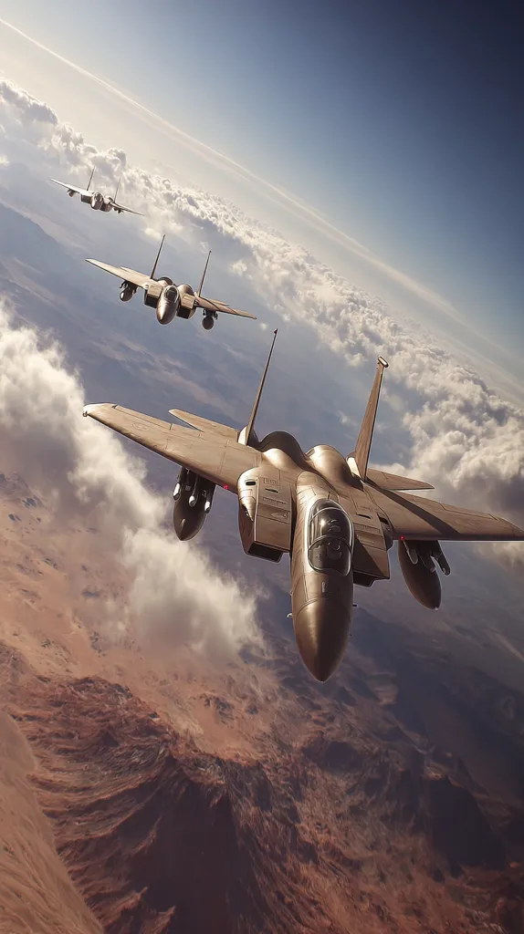 Three F-15 Eagle fighter jets fly in formation high above a desert landscape.  The lead aircraft is prominently featured in the foreground, with two others visible in the distance, receding into a partly cloudy sky.  The overall color palette is muted earth tones, contrasting with the bright sunlight illuminating the scene.  The image evokes a sense of speed, power, and military precision.