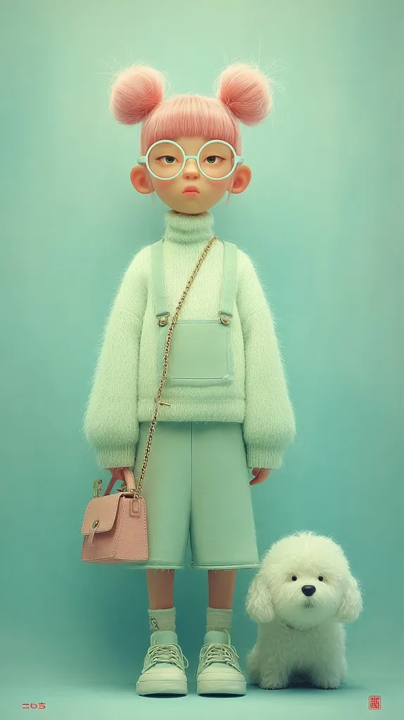 A 3D-rendered illustration depicts a cute girl with pink hair in pigtails.  She wears pastel green overalls, a fluffy sweater, round glasses, and white sneakers.  She carries a light pink handbag and stands beside a fluffy white dog, both against a mint green background. The style is whimsical and charming, with soft textures and a muted color palette.