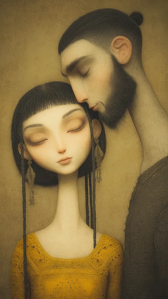 A stylized illustration depicts a tender moment between a man and a woman.  The man, with dark hair tied in a topknot and a beard, rests his head gently on the woman's shoulder. She wears a mustard-yellow dress adorned with intricate details, her eyes closed in peaceful repose.  Their pale skin and elongated features contribute to a dreamlike, almost ethereal quality. The muted background enhances the intimacy of the scene.