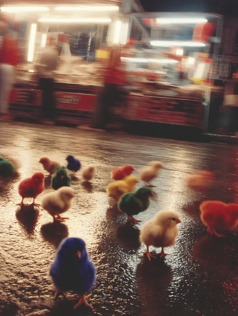 A nighttime scene at a brightly lit fairground.  Motion-blurred figures of people are visible near a food stall. In the foreground, numerous small chicks of various vibrant colors—red, yellow, blue, green—are scattered on a wet, reflective surface. The contrast between the fast-paced fair and the still, colorful chicks creates a striking image.