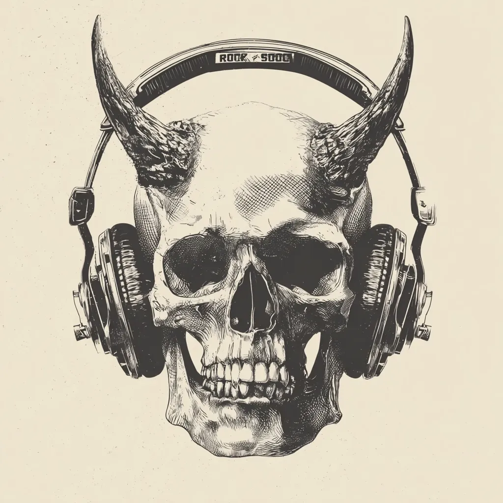 A detailed, hand-drawn illustration depicts a skull with horns wearing large, vintage-style headphones.  The skull is intricately rendered, showcasing fine details of bone structure and texture. The headphones, labeled "Rock Song," add a contrasting element of modern technology to the otherwise macabre image. The overall style is reminiscent of a rock and roll album cover or a gothic print. The background is a muted beige, emphasizing the skull's stark presence.