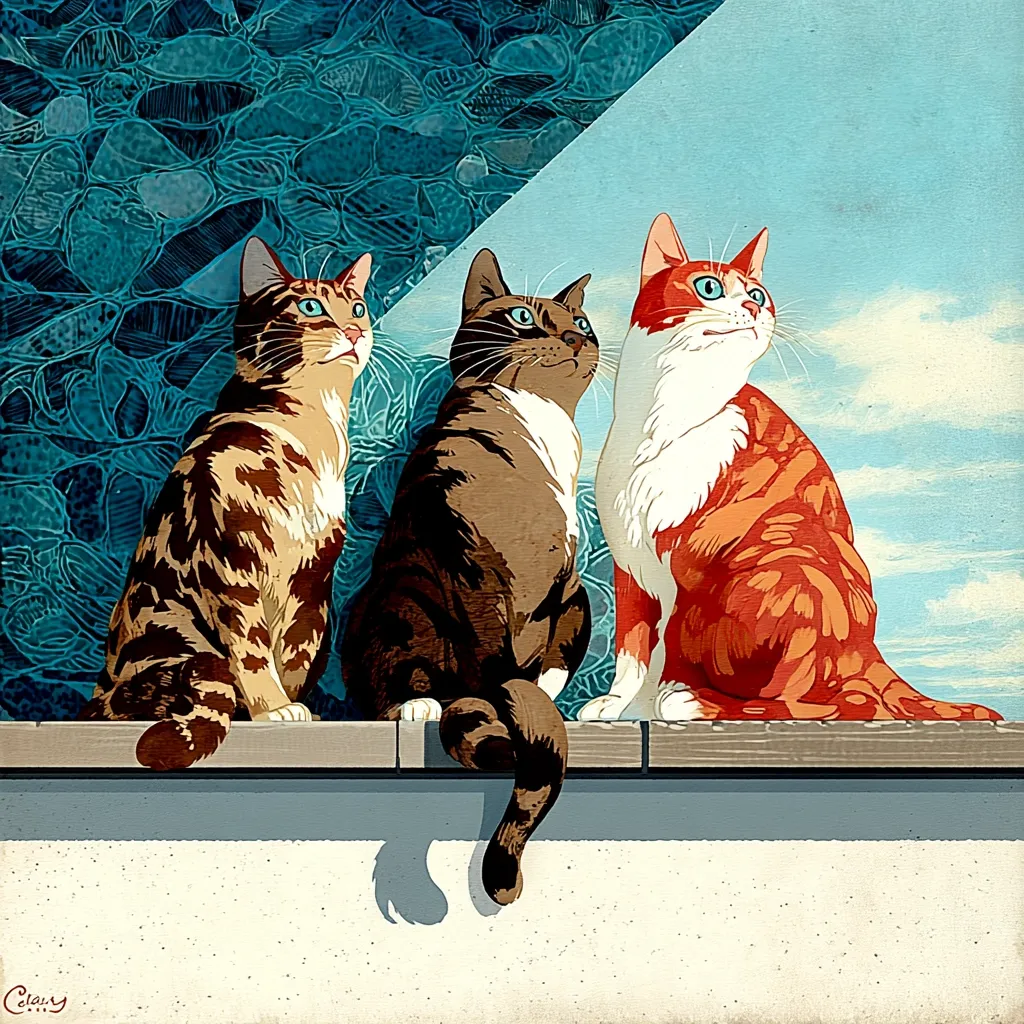 Three cats sit side-by-side on a wall, gazing upwards at a sunny sky.  The cats are distinct in coloring: a brown tabby, a brown and white cat, and an orange and white cat.  A teal patterned background is partially visible behind them. The artwork features a stylized, almost vintage aesthetic.  The cats appear calm and contemplative, their expressions unified in their upward gaze.