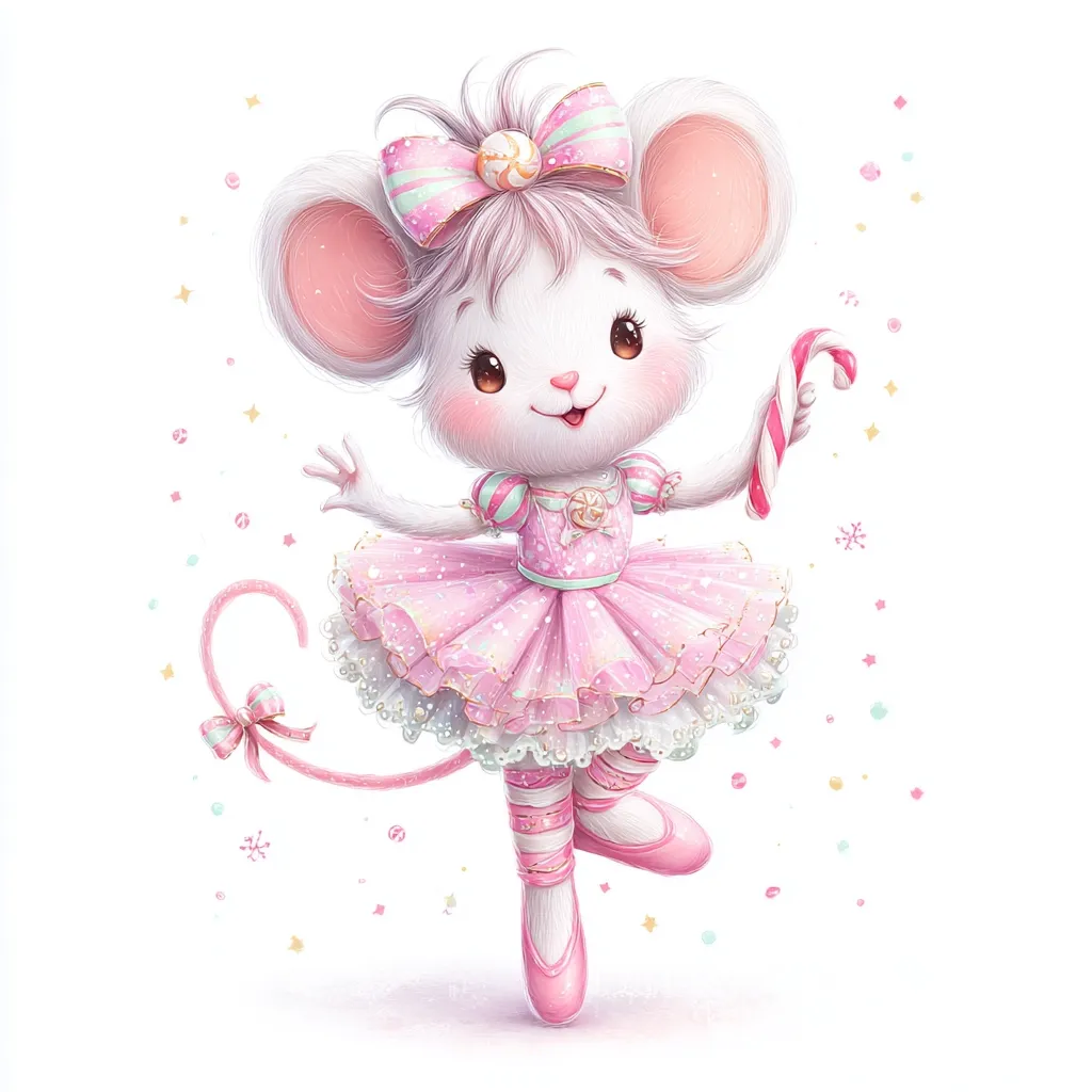An adorable illustration of a ballerina mouse.  The mouse, with pink ears and a fluffy tail, wears a delicate pink tutu and pointe shoes.  A candy cane is held playfully in one paw, and a pastel pink bow adorns its head.  Confetti and sparkling elements surround the mouse, creating a whimsical and festive atmosphere. The style is soft, charming, and evokes a sense of sweetness and joy.