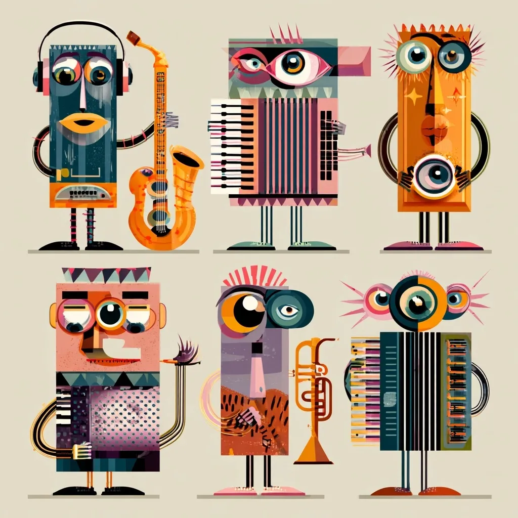 Six whimsical, stylized characters, each playing a different instrument, are depicted.  They are rectangular with expressive faces and large eyes.  Instruments include a saxophone, accordion, and trumpet.  The artwork is bold and colorful, exhibiting a playful, abstract style reminiscent of Cubism. The characters are arranged in two rows, creating a vibrant and energetic musical scene.