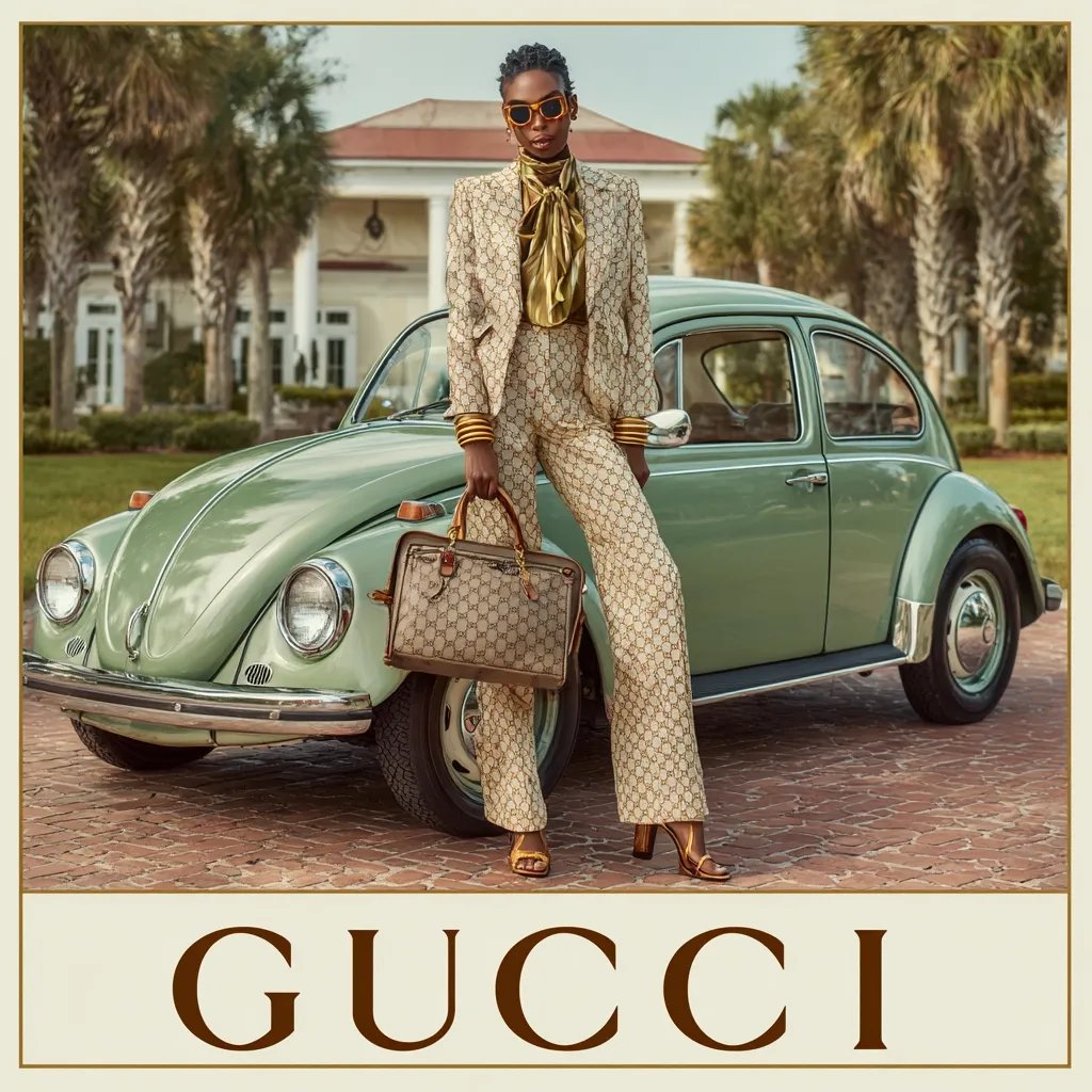 A stylish woman in a Gucci patterned suit and sunglasses leans against a vintage green Volkswagen Beetle. She carries a Gucci handbag. The scene is set against a backdrop of lush greenery and a grand house, creating an image of classic elegance and luxury. The Gucci logo is prominently displayed at the bottom.