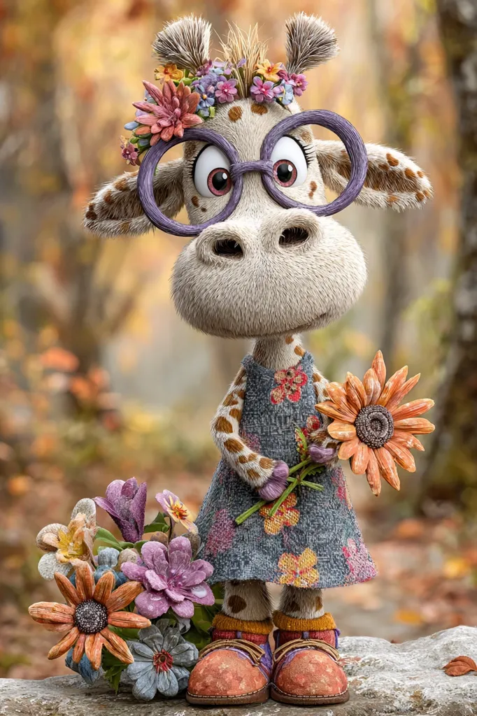 A charming, anthropomorphic giraffe figurine, adorned with a floral crown and spectacles, stands in a whimsical autumnal setting.  It holds a bouquet of sunflowers and other flowers, dressed in a patterned dress and sturdy boots. The overall aesthetic is cute and slightly whimsical, suggesting a handcrafted or artistic creation.  The background is blurred, focusing attention on the adorable giraffe.