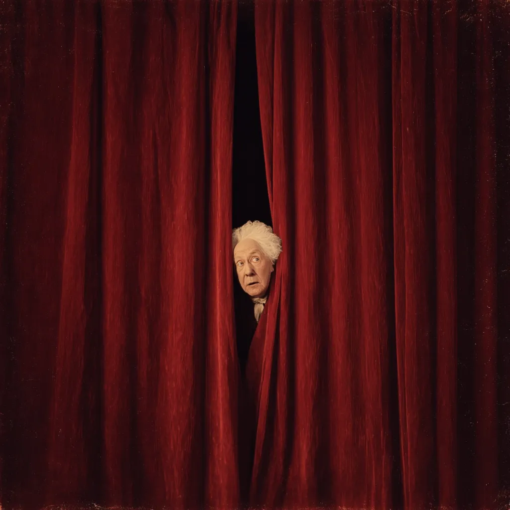 An elderly man with white hair peeks from behind a deep red velvet curtain.  His expression is one of surprise or apprehension. The image is darkly lit, emphasizing the rich texture of the curtain and the man's face. The overall mood is mysterious and dramatic, suggestive of a theatrical setting or a moment of suspense.