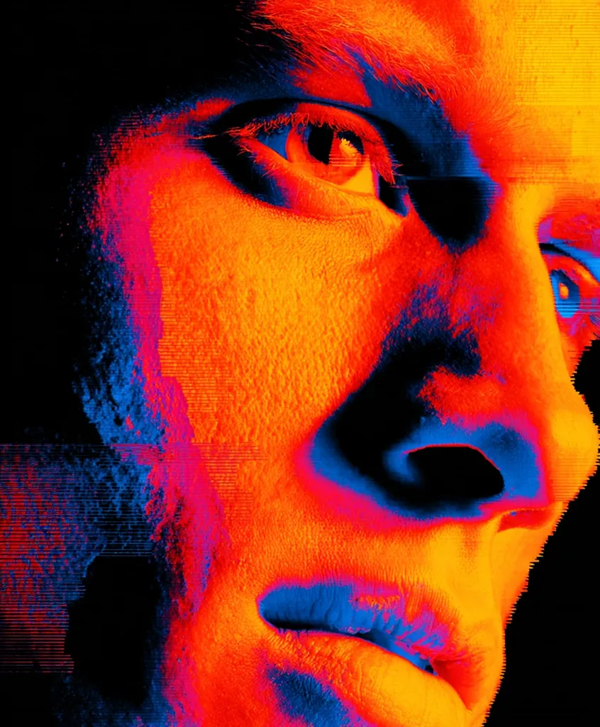 A close-up, stylized portrait of a person's face.  The image is heavily processed, with intense orange and blue hues creating a vibrant, almost thermal-like effect.  The subject's expression is serious, their eyes intense, and their mouth slightly downturned.  The overall style is dramatic and visually striking.  A digital or glitch effect is visible along the left side of the face.