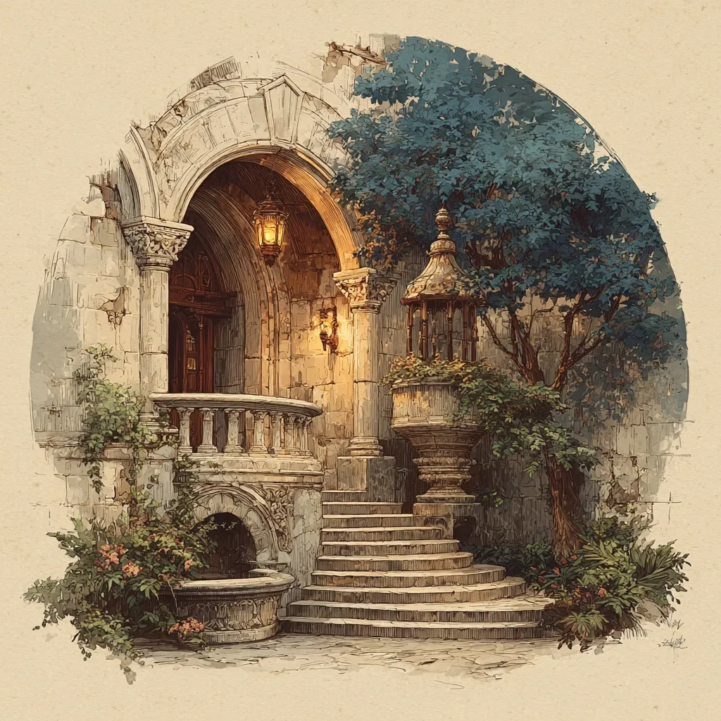A stone staircase ascends to a grand arched entrance of a castle-like building.  The entrance features a balcony with ornate railings and is illuminated by lanterns.  Lush greenery, including a flowering shrub and a tree, frames the scene, complemented by a stone well at the base of the steps.  The style suggests a romantic, possibly Italianate, architectural design.  The artwork is presented in a circular vignette on a beige background.