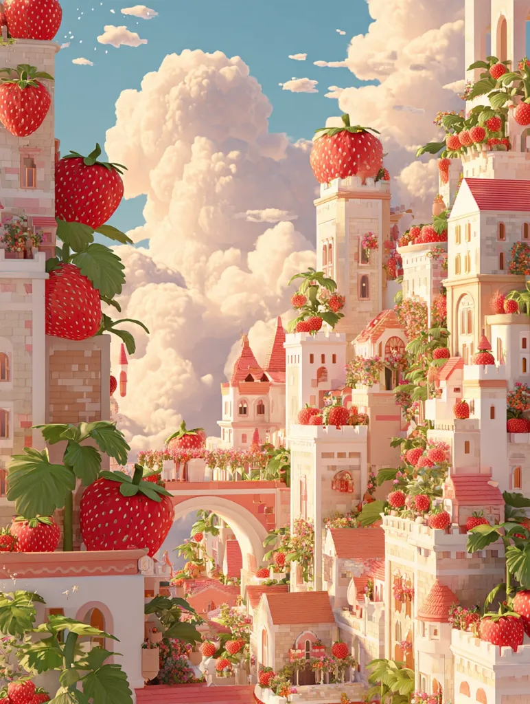 A whimsical digital artwork depicts a fantastical city built atop a hill, adorned with vibrant strawberries and flowers.  Pastel-colored buildings with arched doorways and towers are interwoven with lush greenery.  Large strawberries crown the city's structures, creating a surreal and charming atmosphere under a soft, cloudy sky.  The overall style is sweet and dreamy, suggesting a fairytale-like setting.