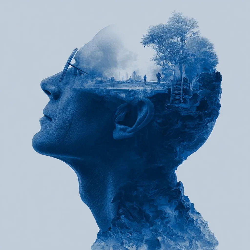 A double exposure image depicts a man's profile in blue tones.  His head is overlaid with a landscape scene featuring a tree, a path, and distant figures, creating a surreal blend of human form and urban environment. The man appears contemplative, his gaze directed upward. The overall effect is one of introspection and the merging of inner and outer worlds.