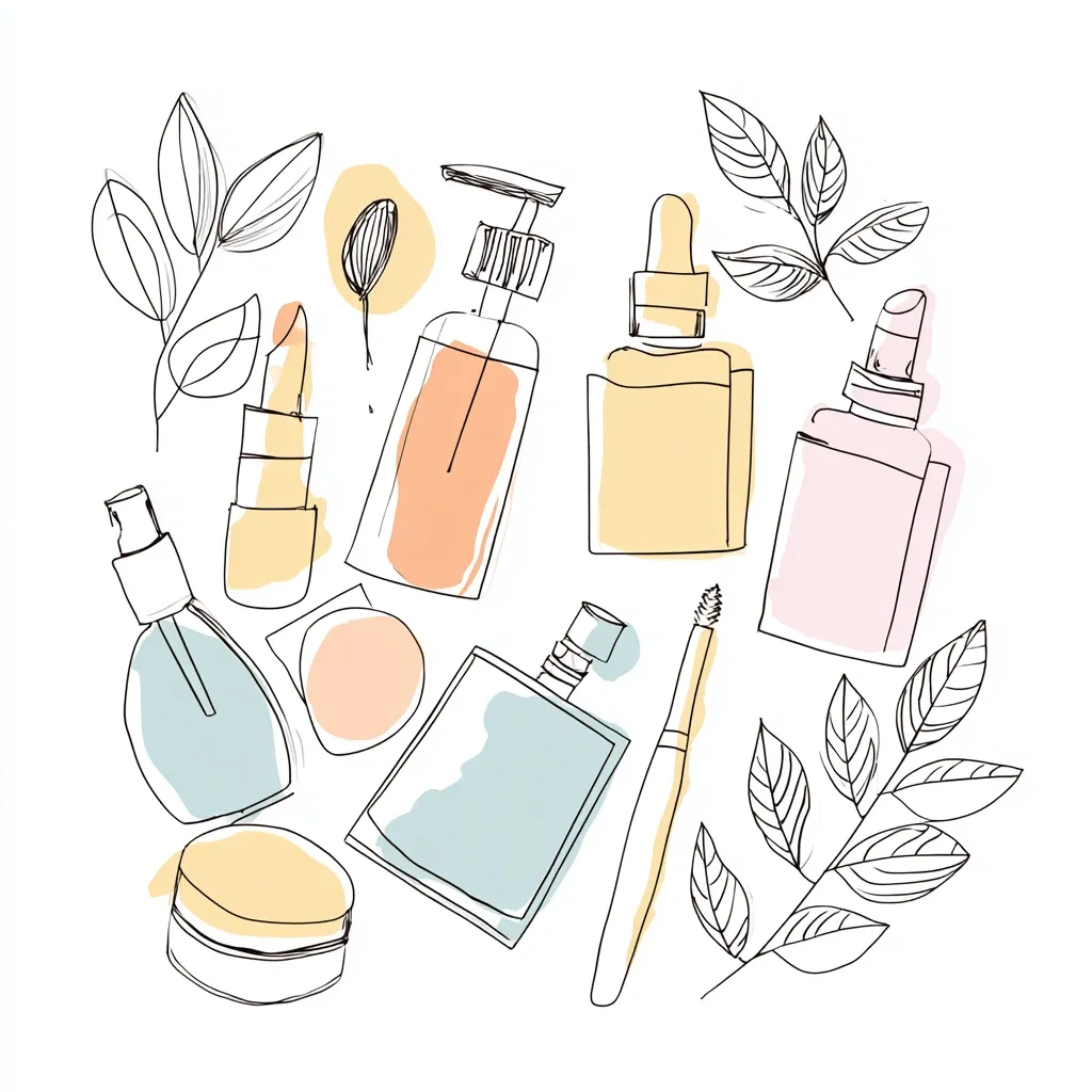 A delightful arrangement of various cosmetic products, sketched in a minimalist line art style.  Pastel-colored washes add a soft touch to the outlines of lipsticks, perfume bottles, face creams, and serums.  Simple leaf drawings enhance the image, creating a visually appealing and aesthetically pleasing composition perfect for beauty product marketing or branding.