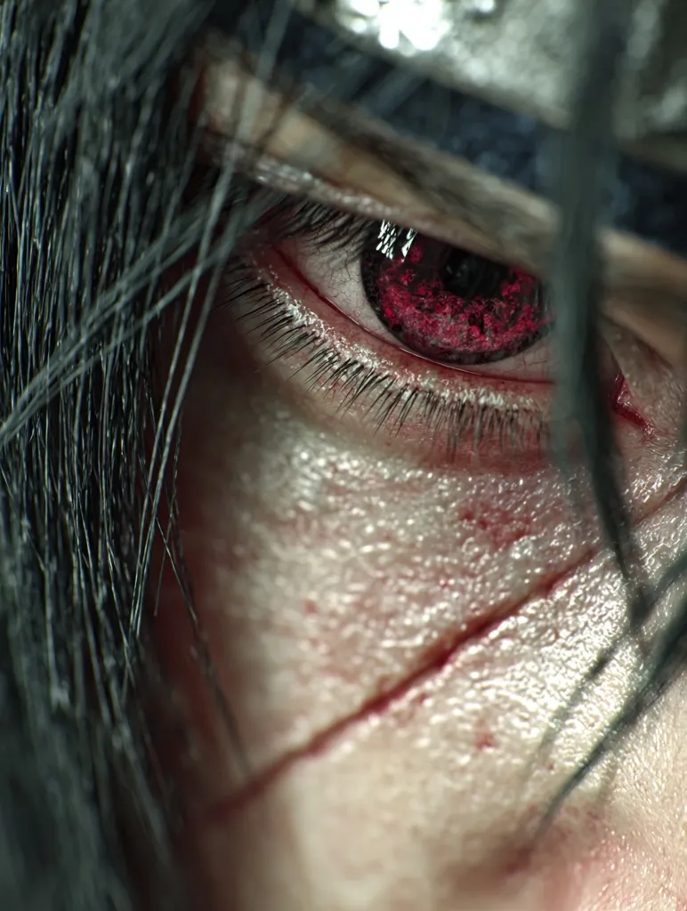 A close-up shot reveals a single eye, its dark red iris hinting at power or danger.  Long, dark hair frames the eye, partially obscuring the view.  A prominent scar runs across the cheek, adding to the intense and possibly menacing expression. The image's texture and detail emphasize the raw emotion conveyed by the gaze.