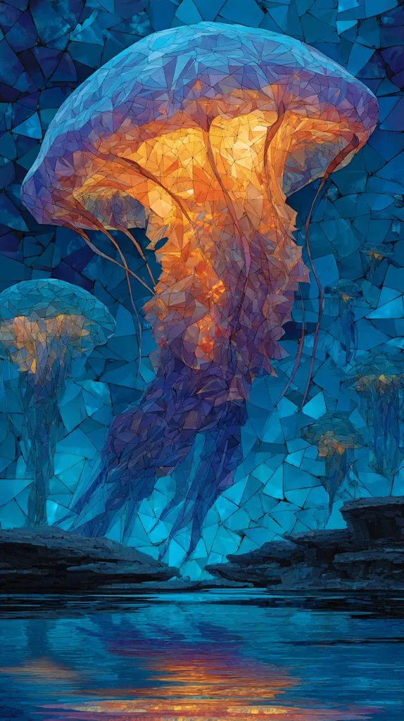 A vibrant, stylized artwork depicts a large jellyfish with a luminescent orange and blue body, rendered in a mosaic of geometric shapes. Smaller jellyfish are seen in the background, all suspended above a tranquil body of water reflecting a warm sunset. The scene is framed by dark, rocky outcrops, creating a surreal and dreamlike underwater landscape.  The overall style evokes stained glass or a tessellated pattern.