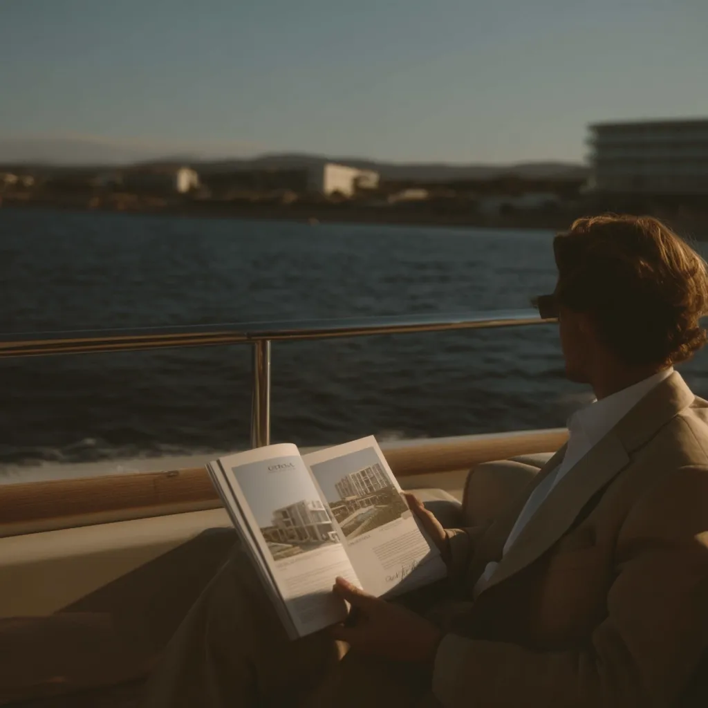A man in a beige suit sits on a yacht, gazing at the ocean.  He holds an open brochure showcasing a coastal property, likely a luxury development. The sun casts a warm glow on the scene, creating a serene and affluent atmosphere.  In the distance, a coastline with buildings is visible. The image evokes a sense of leisure and high-end living.