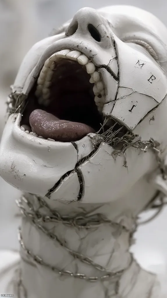 A close-up shot reveals a fragmented, white sculpture of a human head and neck.  The face is distorted, with a wide-open mouth showcasing teeth, and cracks spiderweb across its surface.  Thin, metallic wires or chains bind the fractured pieces, suggesting vulnerability and constraint.  Letters, possibly anatomical labels, are visible on the fragmented surface. The overall impression is one of fragility and distress.