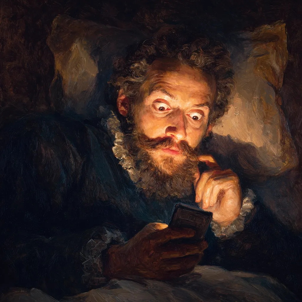 A painting in the style of a 17th-century portrait depicts a bearded man lying in bed, illuminated by the glow of a smartphone he holds. His wide eyes and expression convey surprise or intense engagement with the device. The dark background and painterly style enhance the dramatic effect, creating a humorous juxtaposition of historical aesthetics and modern technology.  The man's attire suggests a period setting, further emphasizing the anachronism.