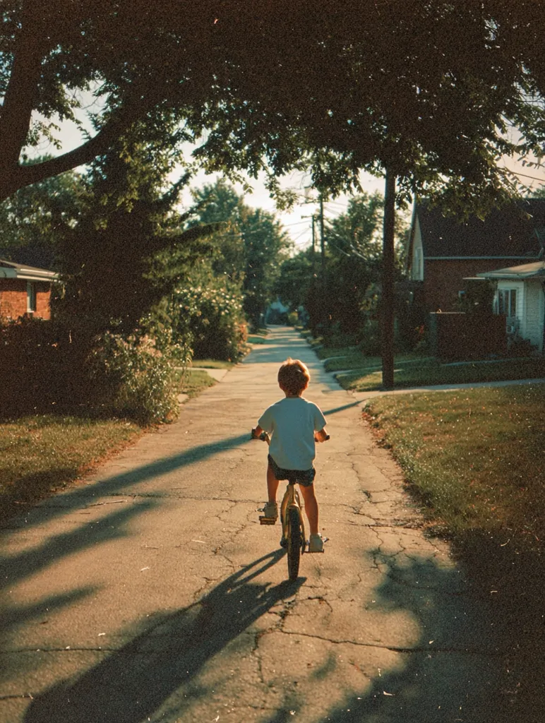A young child rides a small bicycle down a quiet residential street, bathed in the golden light of late afternoon.  Trees line the street, their shadows stretching long across the cracked pavement.  Houses are visible in the background, creating a peaceful, suburban scene.  The image has a nostalgic, slightly grainy quality reminiscent of a vintage photograph.