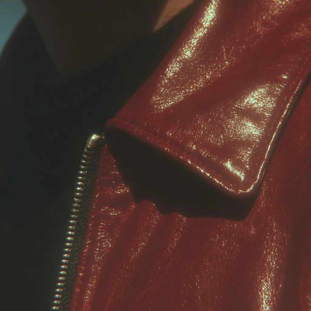 Close-up view of a rich, dark red leather jacket.  The collar is folded over, showcasing the stitching and glossy texture of the leather.  A metallic zipper is partially visible, adding a subtle contrast to the deep red hue. The lighting highlights the sheen of the material, creating a warm and slightly vintage aesthetic.