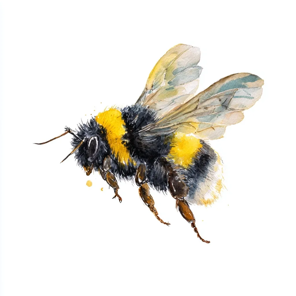 A watercolor painting depicts a bumblebee in flight.  Its fuzzy black and yellow body is detailed, showing individual hairs.  The transparent wings are delicately rendered, showcasing their veined structure.  The bee is shown in profile, its legs extended, suggesting movement.  A few yellow watercolor splatters add to the painting's texture. The background is plain white, highlighting the bee.