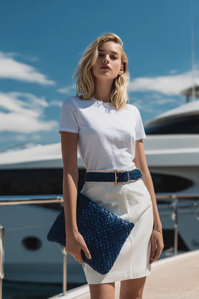 A blonde woman with wavy shoulder-length hair stands confidently against the backdrop of a luxury yacht. She's dressed in a crisp white t-shirt, a fitted white skirt, and a navy woven clutch. A navy and cream braided belt cinches her waist.  The sunny outdoor setting emphasizes her chic, nautical-inspired summer look.