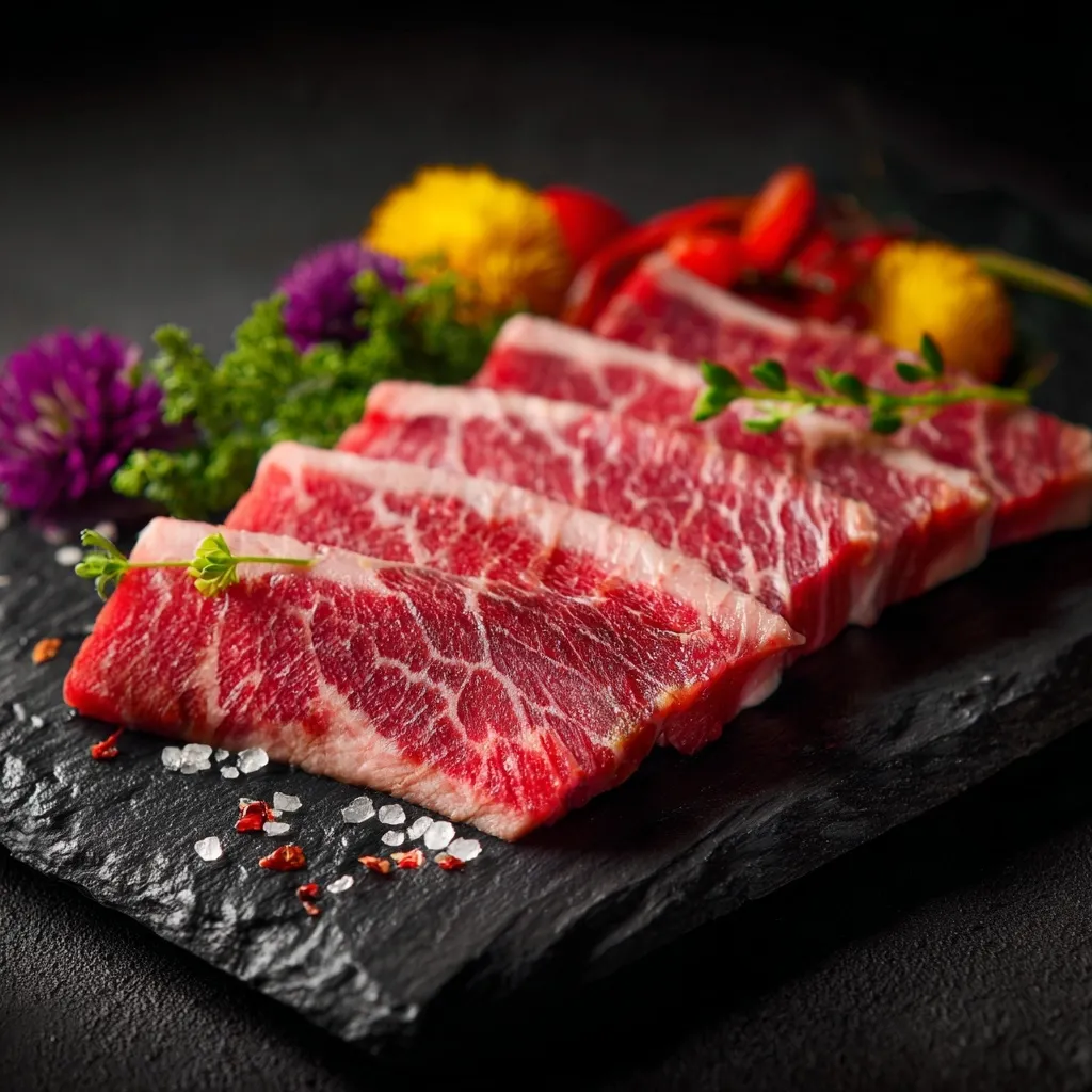 Four slices of raw marbled beef are artfully arranged on a dark slate platter.  Garnished with sprigs of thyme and vibrant purple and yellow flowers, the meat's rich red color contrasts beautifully with the dark background.  A sprinkle of salt and red pepper flakes adds a final touch of culinary elegance.